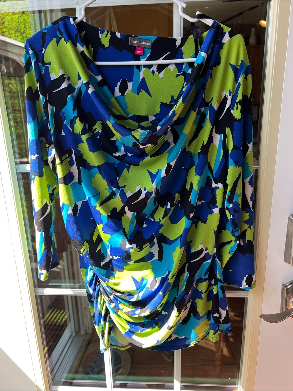 Vince Camuto Blue, Lime & Black Abstract Cowl Neck Tunic